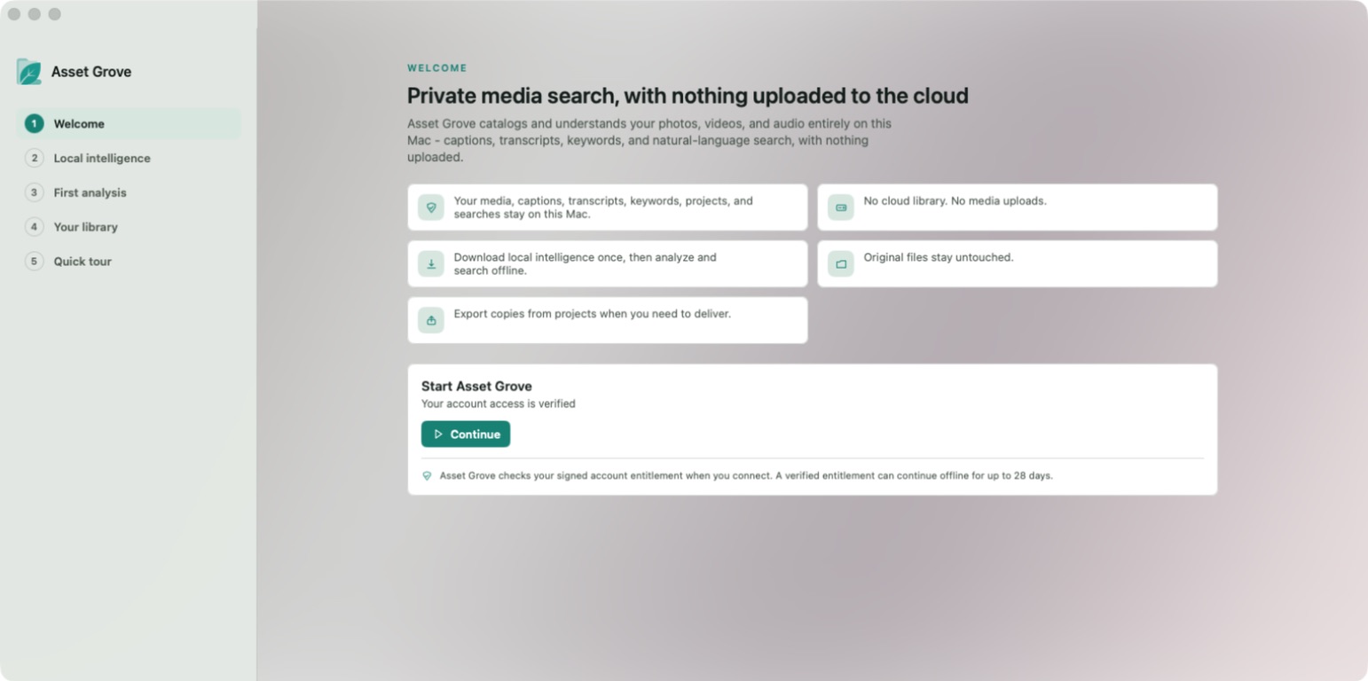 Asset Grove welcome screen explaining private local media search