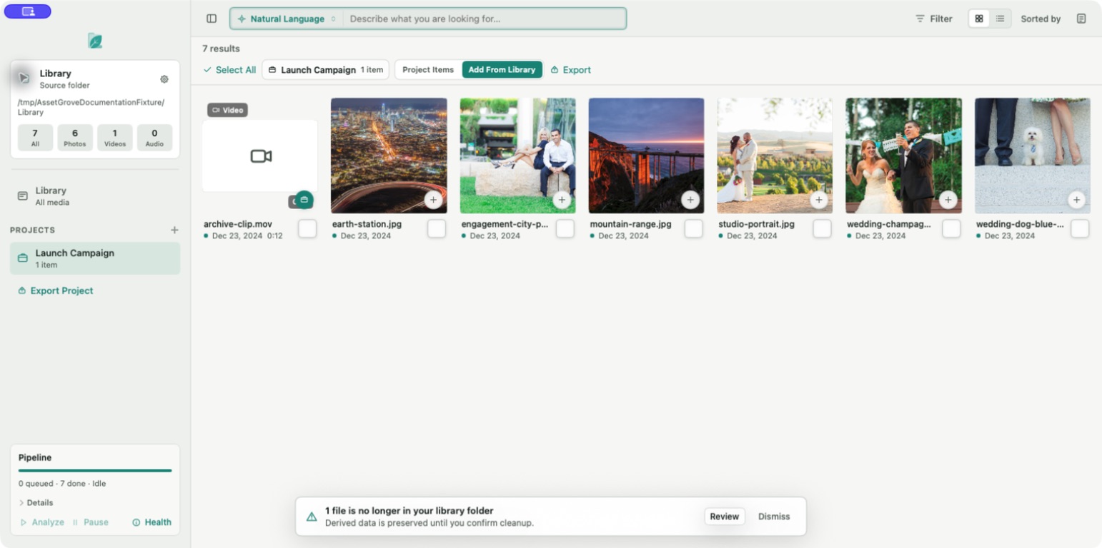 Asset Grove library with a Launch Campaign project and supplied sample media