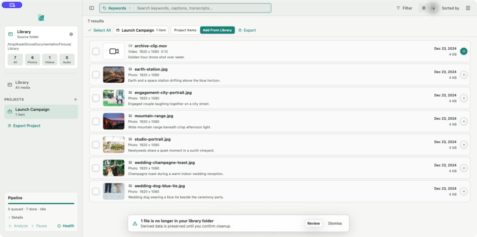 Asset Grove list view showing sample media and captions