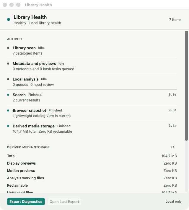 Library Health activity, derived storage, and local resource status