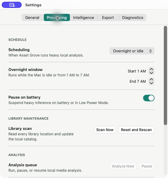 Processing settings for scheduling, power, scanning, analysis, and video proxies
