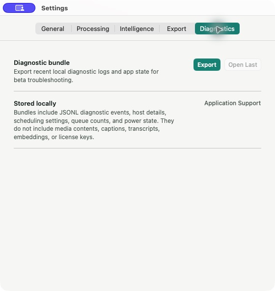 Diagnostics settings explaining the contents and local-only status of a bundle